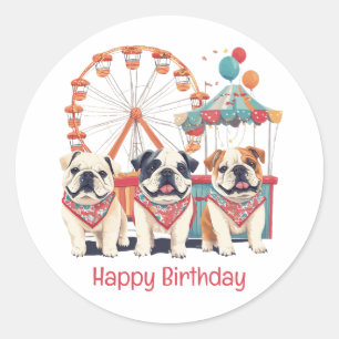 Sticker Rond Joyeux Bulldogs Anglais D'Anniversaire À Un Carnav
