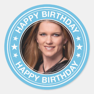 Sticker Rond Joyeux cadre photo d'anniversaire en bleu