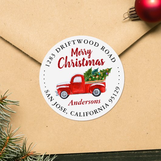 Sticker Rond Joyeux Camion de Noël et Arbres de Noël Adresse