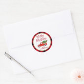 Sticker Rond Joyeux Camion de Noël Rouge Buffalo Plaid (Enveloppe)
