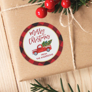 Sticker Rond Joyeux Camion de Noël Rouge Buffalo Plaid