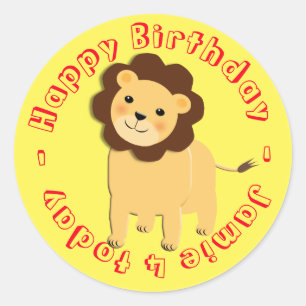 Sticker Rond Joyeux Caricature Anniversaire Lion Jungle Personn