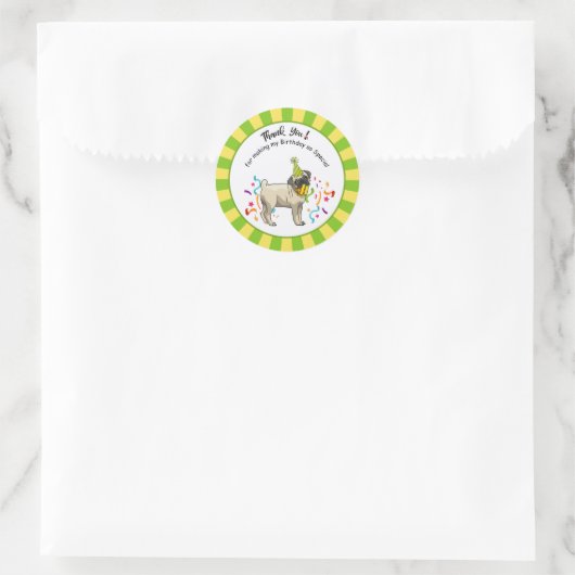 Sticker Rond Joyeux Carlin d'anniversaire Jaune Vert Faveur (Sac)