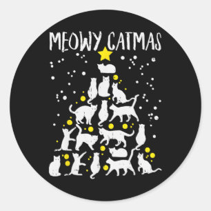 Sticker Rond Joyeux Catmas Meow Noël Arbre Catmas Chat Christ