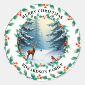Sticker Rond Joyeux cerf de Noël et nom de famille d'oiseau rou (Devant)