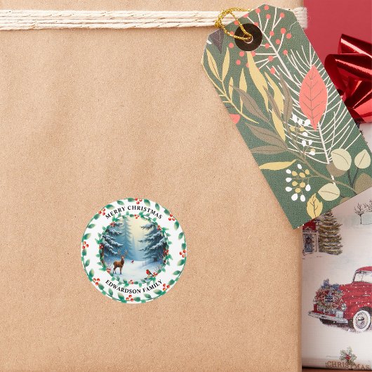 Sticker Rond Joyeux cerf de Noël et nom de famille d'oiseau rou