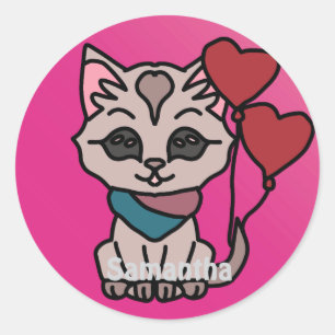 Sticker Rond Joyeux chat minimaliste avec un coeur Amour