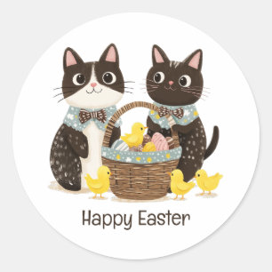 Sticker Rond Joyeux Chats de Pâques Panier de Pâques Bébés Pous