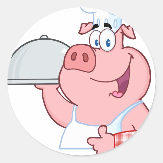 Sticker Rond Joyeux Chef De Cochon Tenant Un Panneau Plateau (Devant)