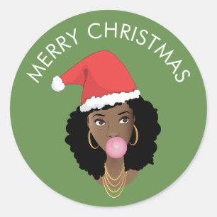 Sticker Rond Joyeux Cheveux naturels de Noël, Santa Hat, Bubbl