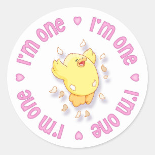 Sticker Rond Joyeux Chick 1er Anniversaire rose
