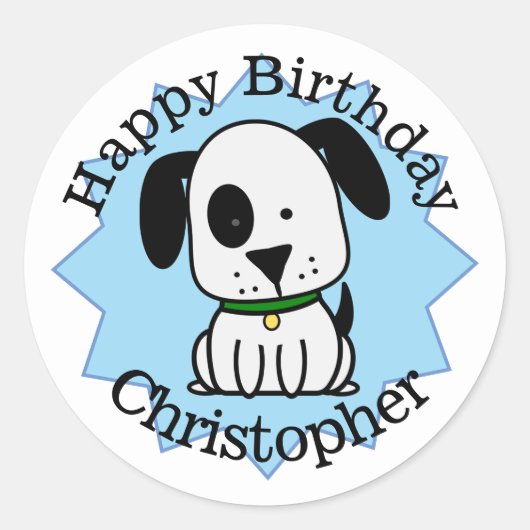 Sticker Rond Joyeux chien chiot d'anniversaire personnalisé (Devant)