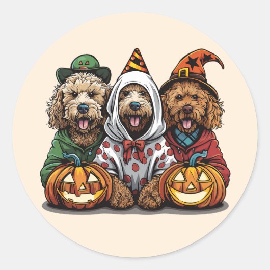 Sticker Rond Joyeux chien d'Halloween Goldendoodle (Devant)