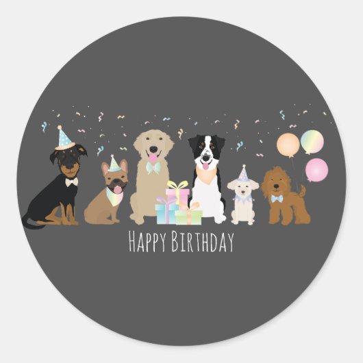 Sticker Rond Joyeux Chiens de fête d'anniversaire (Devant)