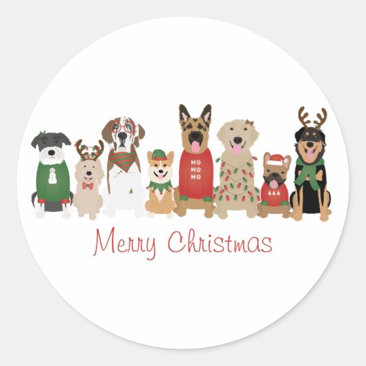 Sticker Rond Joyeux Chiens de Noël Rouge Vert (Devant)
