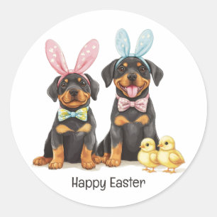 Sticker Rond Joyeux Chiens de Pâques Rottweiler Des Oreilles Bu