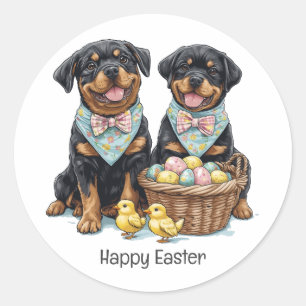 Sticker Rond Joyeux Chiens de Pâques Rottweiler Panier de Pâque