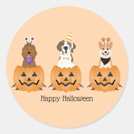 Sticker Rond Joyeux Chiens D'Halloween En Citrouille (Devant)