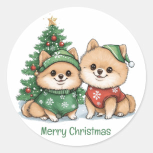 Sticker Rond Joyeux Chiens Poméraniens de Noël