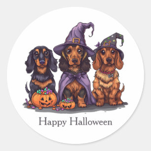 Sticker Rond Joyeux Chiens sorciers Halloween Dachshund