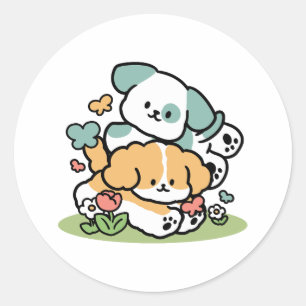 Sticker Rond Joyeux Chiots Arrivés En Mai - Kawaii Dog Art