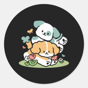 Sticker Rond Joyeux Chiots Arrivés En Mai - Kawaii Dog Art