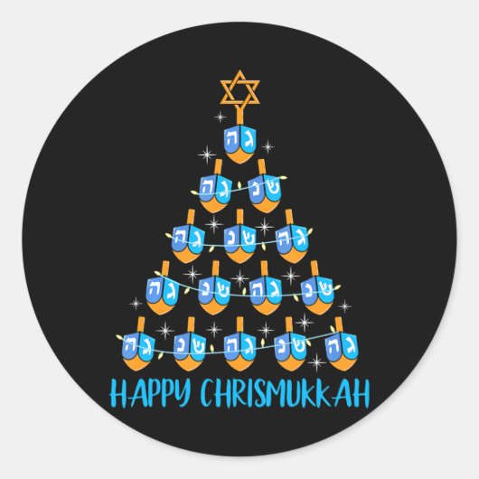 Sticker Rond Joyeux Chrismukkah Dreidel sapin de Noël Hanoukka (Devant)