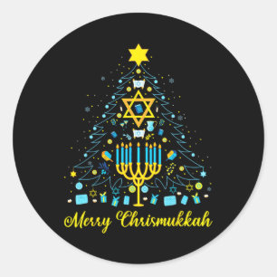 Sticker Rond Joyeux Chrismukkah Menorah Arbre de Noël Chanukah