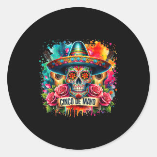 Sticker Rond Joyeux cinco de mayo chapeau mexicain crâne guitar