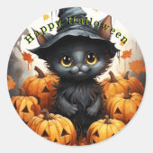 Sticker Rond Joyeux Citrouilles de Chat Noir Halloween (Devant)