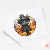 Sticker Rond Joyeux Citrouilles de Chat Noir Halloween (Enveloppe)