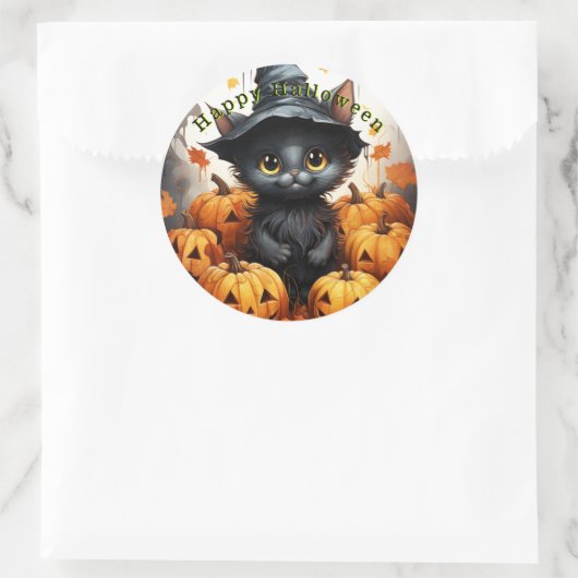 Sticker Rond Joyeux Citrouilles de Chat Noir Halloween (Sac)