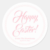 Sticker Rond Joyeux Coeurs Pâques rose frontière script personn (Devant)