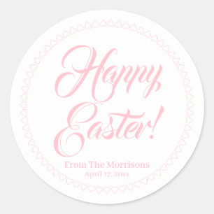 Sticker Rond Joyeux Coeurs Pâques rose frontière script personn