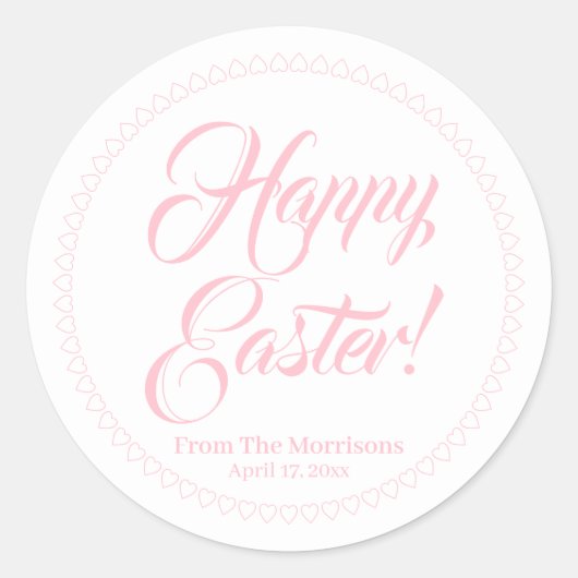 Sticker Rond Joyeux Coeurs Pâques rose frontière script personn (Devant)