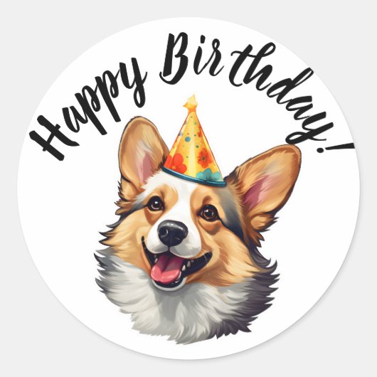 Sticker Rond Joyeux cône d'anniversaire Corgi (Devant)