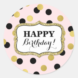 Sticker Rond Joyeux Confetti d'or noir rose