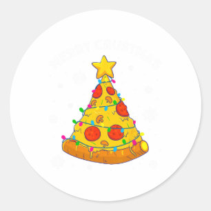 Sticker Rond Joyeux Crustmas Pizza Sapin de Noël Cadeaux de Noë