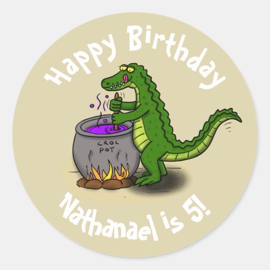 Sticker Rond Joyeux dîner de cuisine d'alligator vert caricatur (Devant)