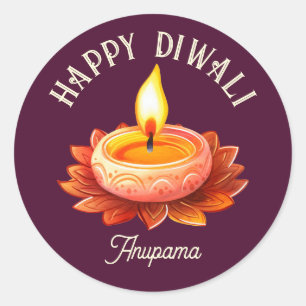 Sticker Rond Joyeux Diwali Elegant Diya Lamp personnalisable