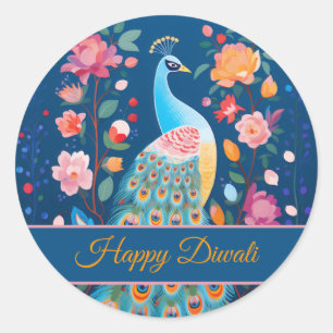 Sticker Rond Joyeux Diwali Peacock & Flowers