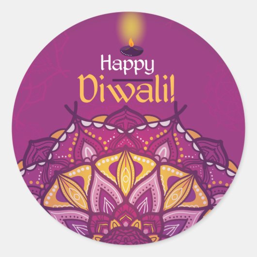 Sticker Rond Joyeux diwali violet rangoli ornemental (Devant)