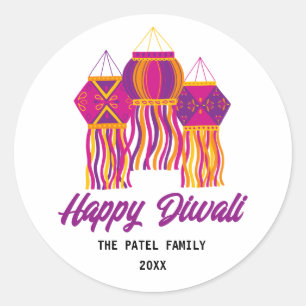 Sticker Rond Joyeux Diwali violet rose jaune lanterne personnal