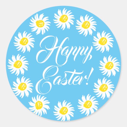 Sticker Rond Joyeux Easter ciel bleu script mignon marguerite j (Devant)