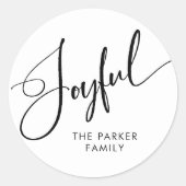 Sticker Rond Joyeux | Élégant Script Noir et Blanc Noël (Devant)