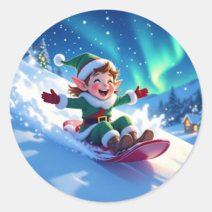 Sticker Rond Joyeux Elfe Mignon en Traîneau Noël