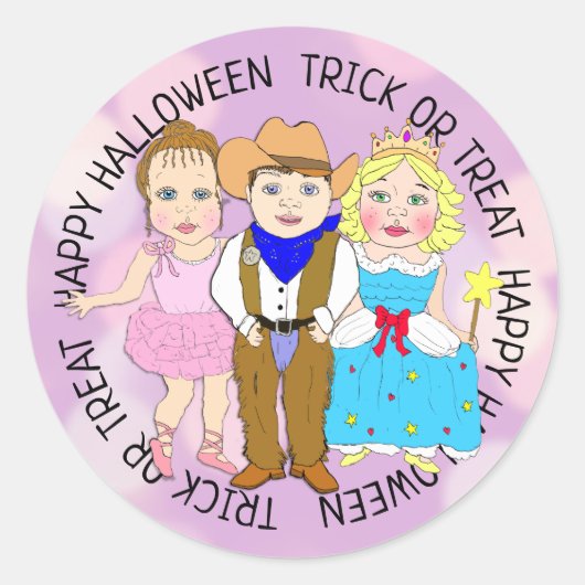 Sticker Rond Joyeux Enfants violets d'Halloween en costumes (Devant)