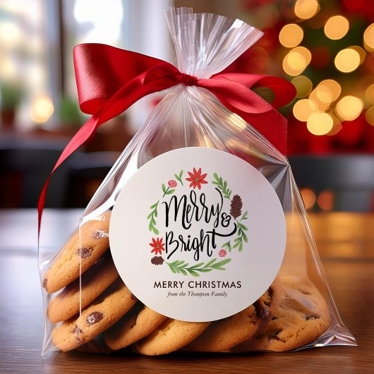 Sticker Rond "Joyeux et brillant" Festive Main peinte Wreath