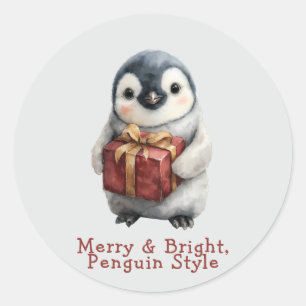 Sticker Rond Joyeux et brillant pingouin Noël