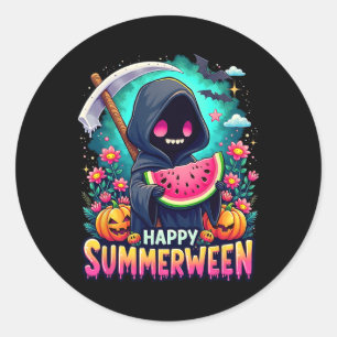Sticker Rond Joyeux été Summerween Squelette Jack-o-lanterne